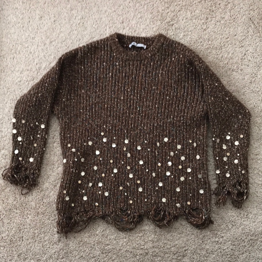 Zara Brown Crew Neck Sweater with Chunky Knit and Decorative Sequin XS/S